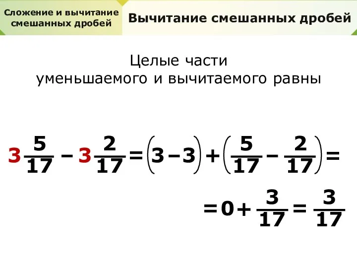 Сложение и вычитание смешанных дробей Вычитание смешанных дробей Целые части уменьшаемого