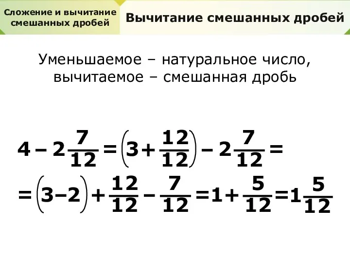 Сложение и вычитание смешанных дробей Вычитание смешанных дробей Уменьшаемое – натуральное