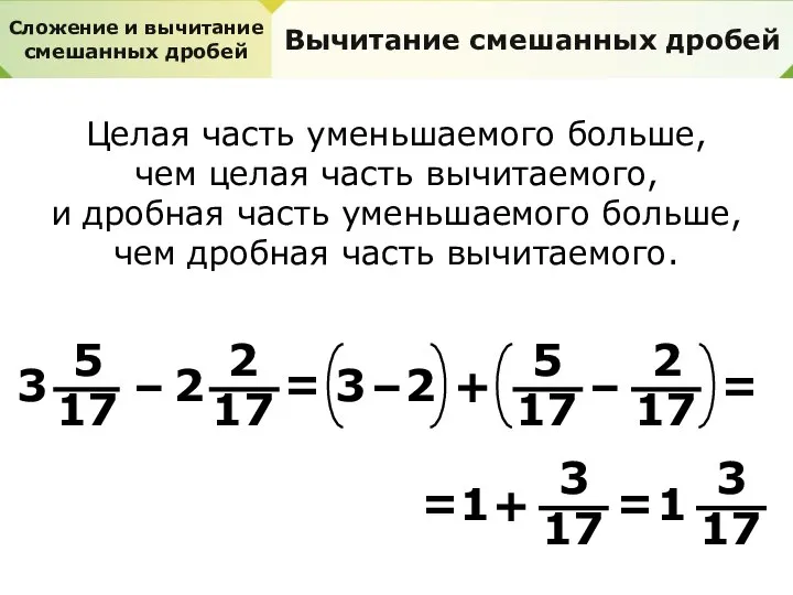 Сложение и вычитание смешанных дробей Вычитание смешанных дробей Целая часть уменьшаемого