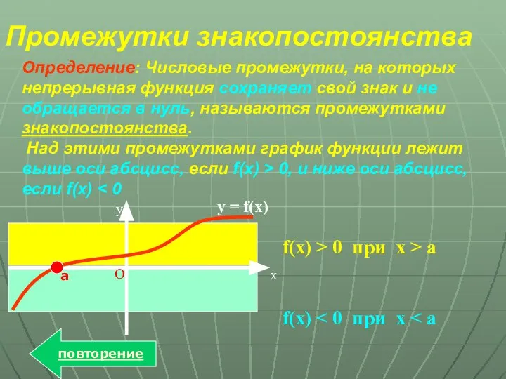 Промежутки знакопостоянства Определение: Числовые промежутки, на которых непрерывная функция сохраняет свой