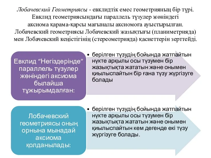 Лобачевский Геометриясы - евклидтік емес геометрияның бір түрі. Евклид геометриясындағы параллель