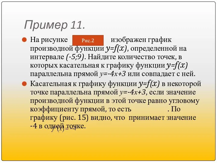 Пример 11. На рисунке изображен график производной функции y=f(x), определенной на