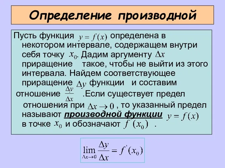 Определение производной Пусть функция определена в некотором интервале, содержащем внутри себя