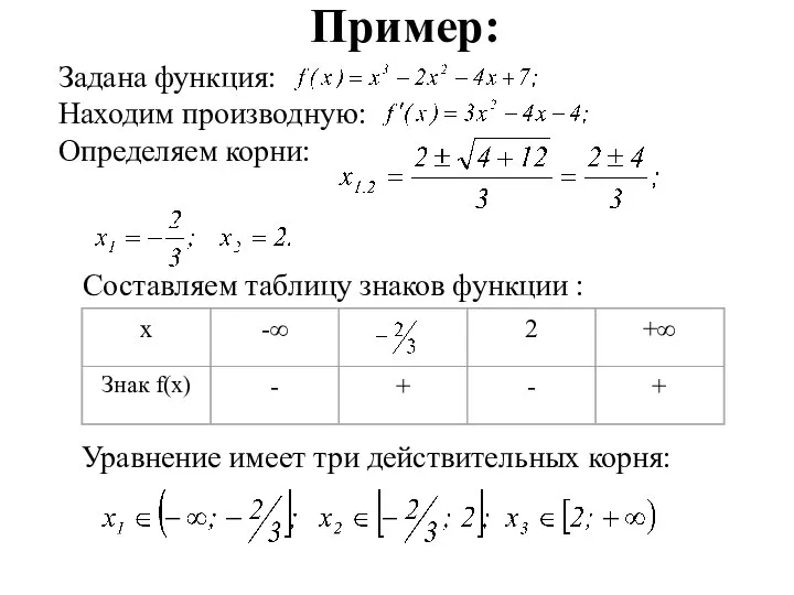 Пример: Задана функция: Находим производную: Определяем корни: Составляем таблицу знаков функции