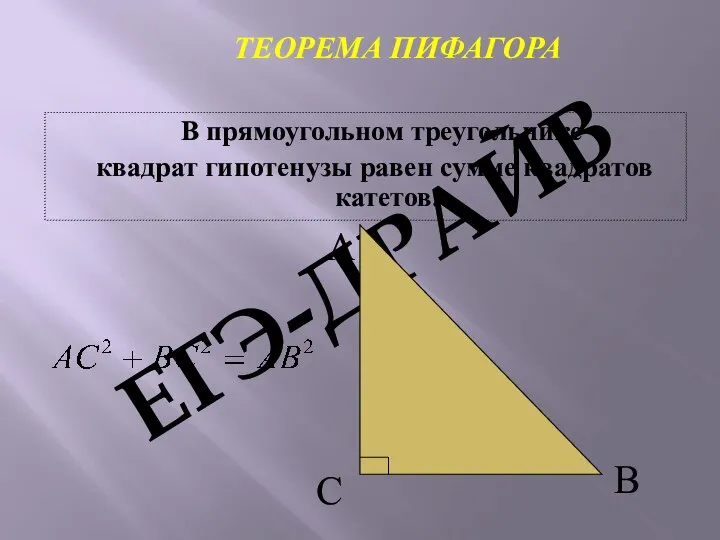 ТЕОРЕМА ПИФАГОРА В прямоугольном треугольнике квадрат гипотенузы равен сумме квадратов катетов. В С А