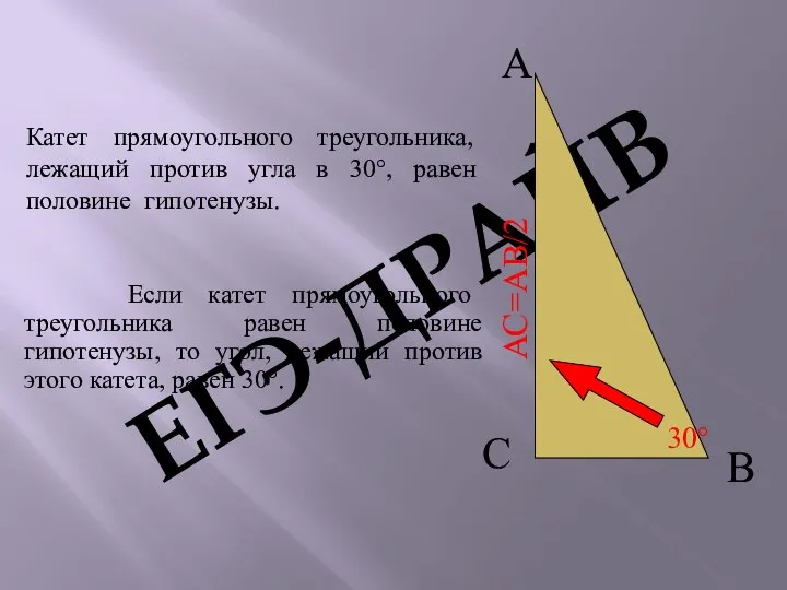 Если катет прямоугольного треугольника равен половине гипотенузы, то угол, лежащий против