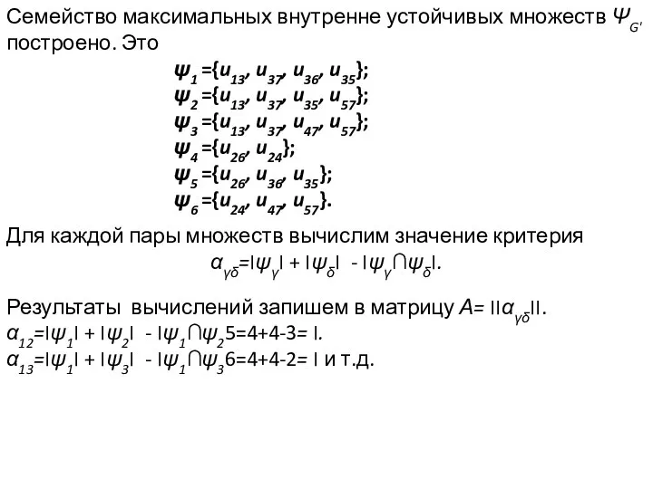 Семейство максимальных внутренне устойчивых множеств ΨG' построено. Это ψ1 ={u13, u37,