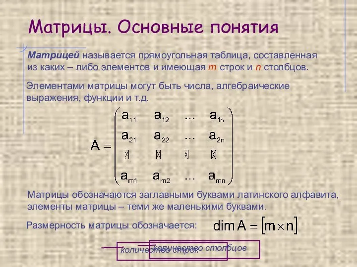 Матрицы. Основные понятия Матрицей называется прямоугольная таблица, составленная из каких –