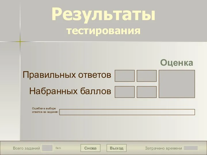 Затрачено времени Выход Снова бал. Всего заданий Ошибки в выборе ответов