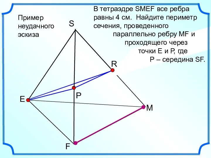 Р E F M S Пример неудачного эскиза В тетраэдре SMEF