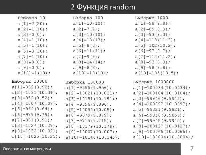 2 Функция random Операции над матрицами Выборка 10 a[1]=2(20); a[2]=1(10); a[3]=0(0);