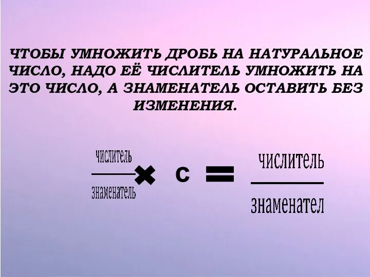 ЧТОБЫ УМНОЖИТЬ ДРОБЬ НА НАТУРАЛЬНОЕ ЧИСЛО, НАДО ЕЁ ЧИСЛИТЕЛЬ УМНОЖИТЬ НА