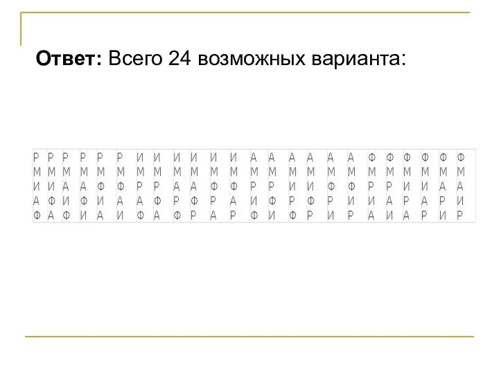 Ответ: Всего 24 возможных варианта: