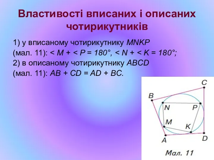 Властивості вписаних і описаних чотирикутників 1) у вписаному чотирикутнику MNKP (мал.