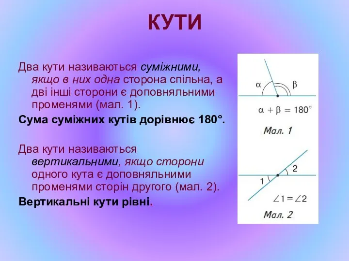 КУТИ Два кути називаються суміжними, якщо в них одна сторона спільна,