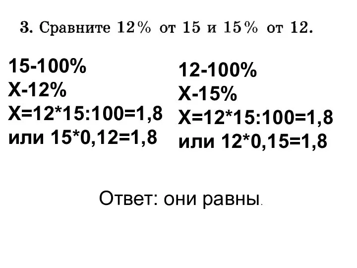 15-100% Х-12% Х=12*15:100=1,8 или 15*0,12=1,8 12-100% Х-15% Х=12*15:100=1,8 или 12*0,15=1,8 Ответ: они равны.