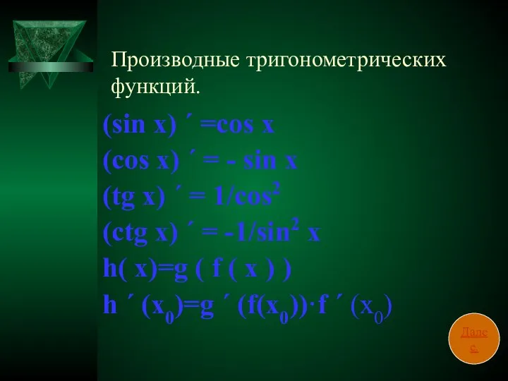 Производные тригонометрических функций. (sin x) ΄ =cos x (cos x) ΄