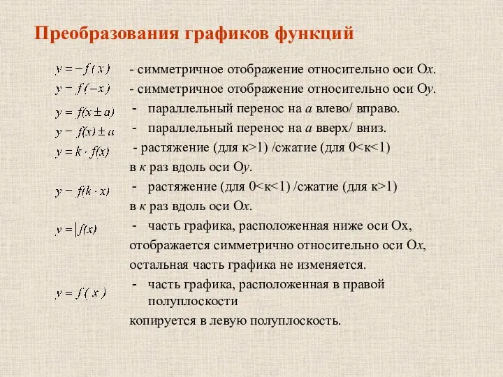 Преобразования графиков функций - симметричное отображение относительно оси Ох. - симметричное