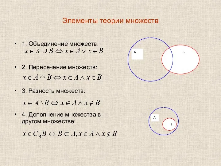 Элементы теории множеств 1. Объединение множеств: 2. Пересечение множеств: 3. Разность