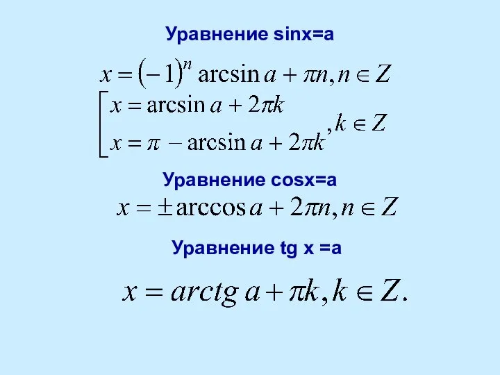 Уравнение sinx=a Уравнение cosx=a Уравнение tg x =a