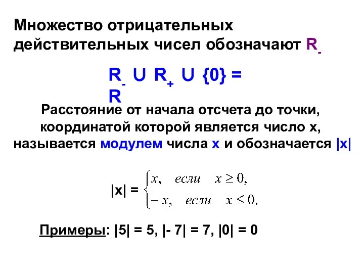 Множество отрицательных действительных чисел обозначают R- R- ∪ R+ ∪ {0}