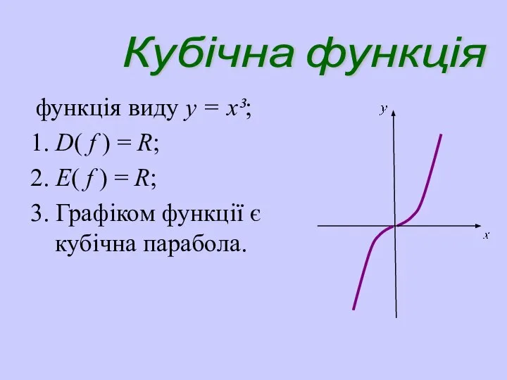 функція виду y = x³; 1. D( f ) = R;