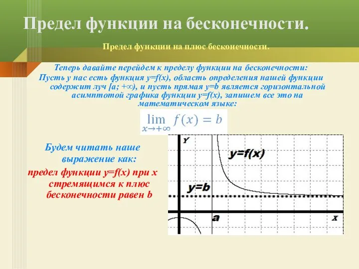 Теперь давайте перейдем к пределу функции на бесконечности: Пусть у нас