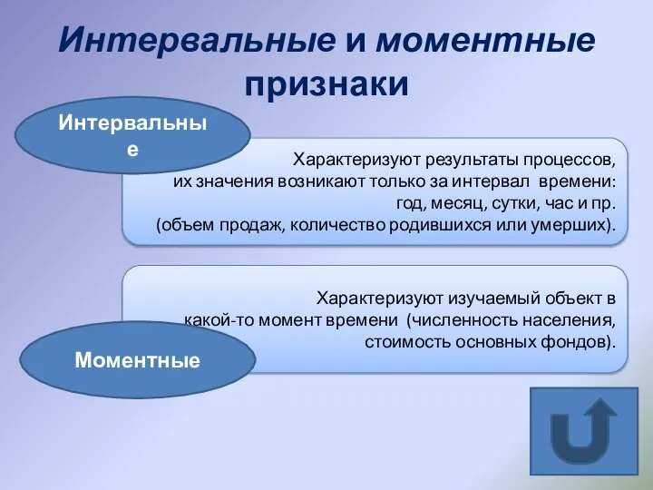 Интервальные и моментные признаки Характеризуют результаты процессов, их значения возникают только