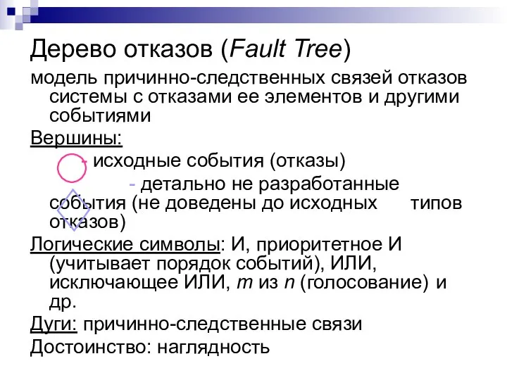 Дерево отказов (Fault Tree) модель причинно-следственных связей отказов системы с отказами