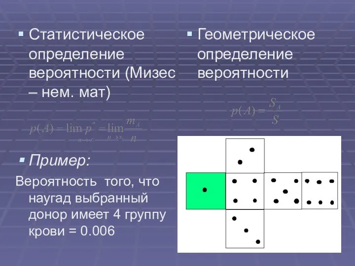 Статистическое определение вероятности (Мизес – нем. мат) Пример: Вероятность того, что