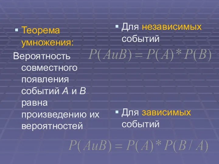 Теорема умножения: Вероятность совместного появления событий А и В равна произведению