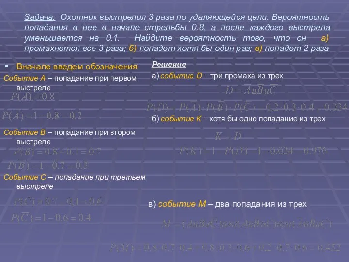 Задача: Охотник выстрелил 3 раза по удаляющейся цели. Вероятность попадания в