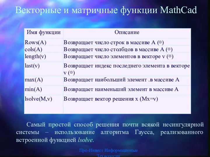 Векторные и матричные функции MathCad Про-Инвест Информационые Технологии Самый простой способ