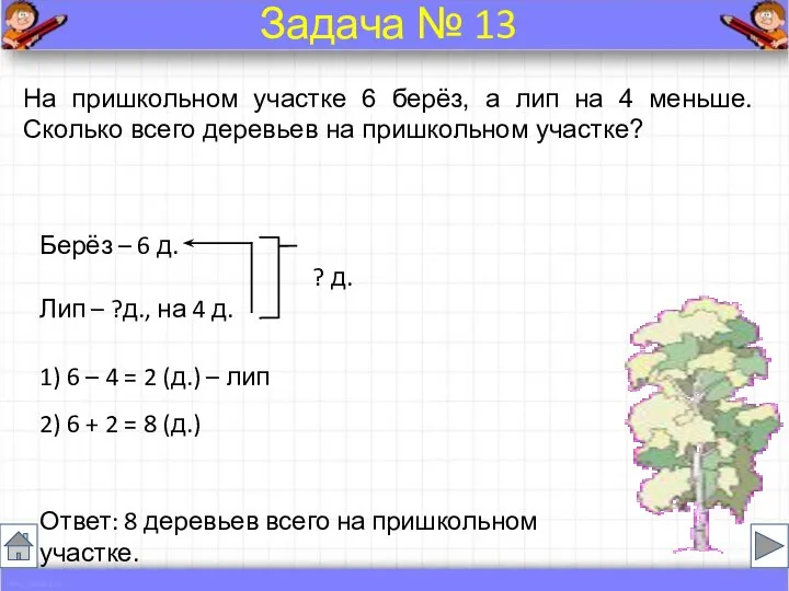 На пришкольном участке 6 берёз, а лип на 4 меньше. Сколько