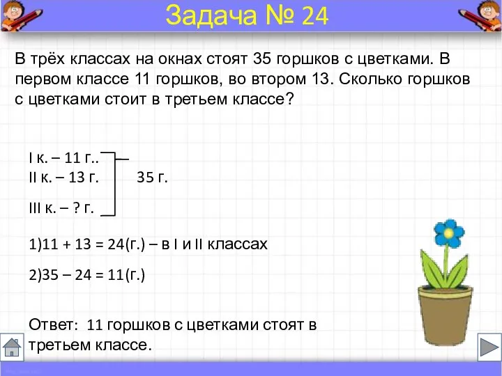 В трёх классах на окнах стоят 35 горшков с цветками. В