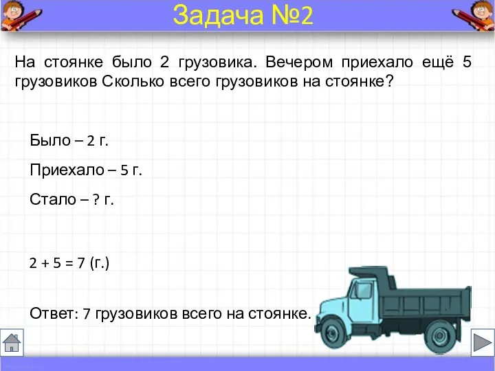 На стоянке было 2 грузовика. Вечером приехало ещё 5 грузовиков Сколько