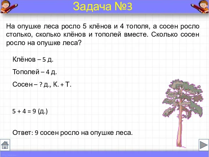 На опушке леса росло 5 клёнов и 4 тополя, а сосен