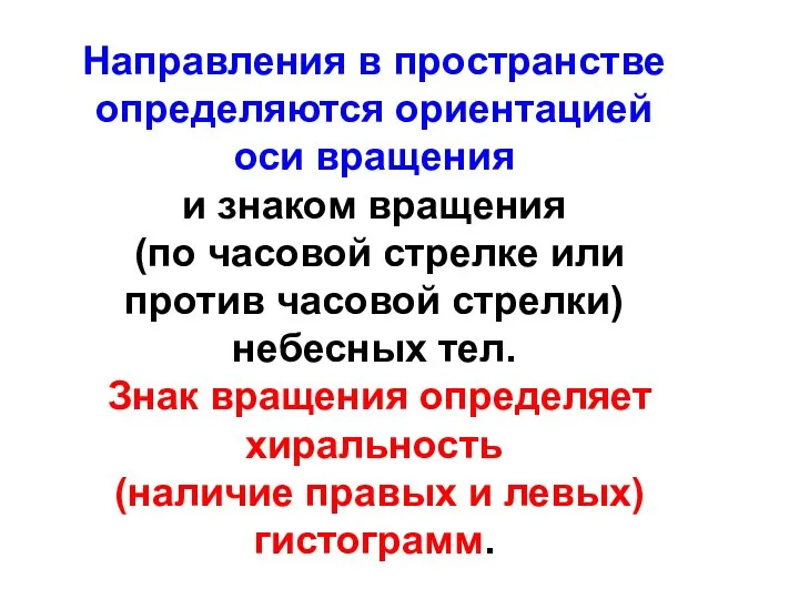 Направления в пространстве определяются ориентацией оси вращения и знаком вращения (по