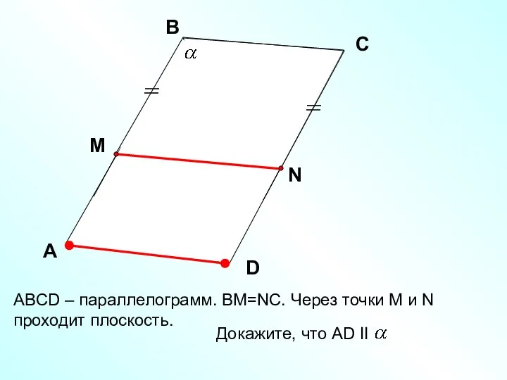 ABCD – параллелограмм. ВМ=NC. Через точки М и N проходит плоскость.