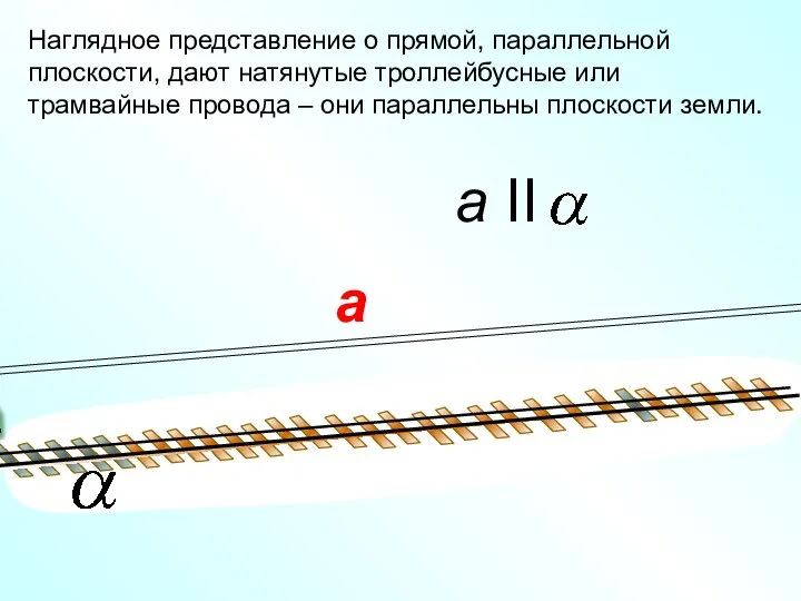 Наглядное представление о прямой, параллельной плоскости, дают натянутые троллейбусные или трамвайные