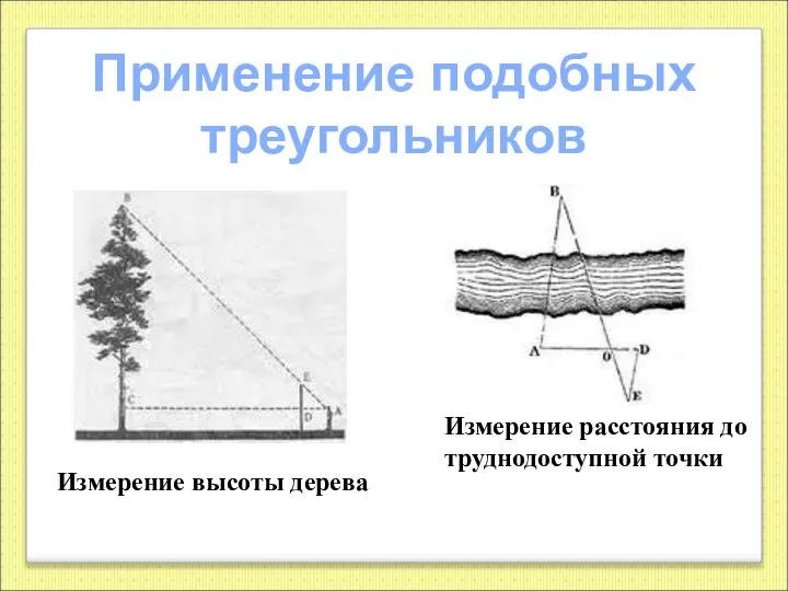 Применение подобных треугольников Измерение высоты дерева Измерение расстояния до труднодоступной точки