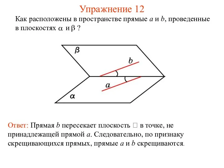 Ответ: Прямая b пересекает плоскость  в точке, не принадлежащей прямой