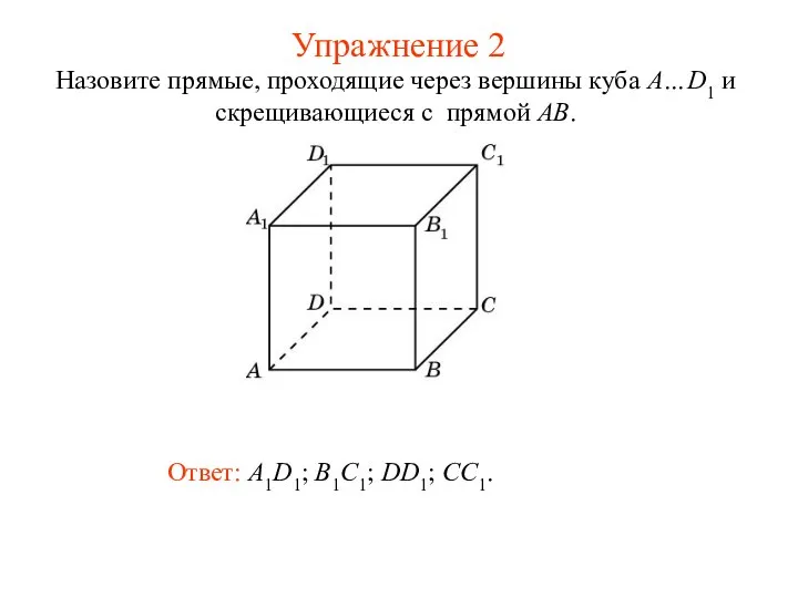 Ответ: A1D1; B1C1; DD1; CC1. Назовите прямые, проходящие через вершины куба