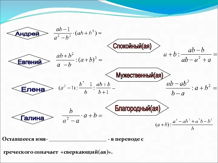 Оставшееся имя- _____________________ - в переводе с греческого означает «сверкающий(ая)».