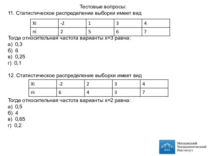 Тестовые вопросы: 11. Статистическое распределение выборки имеет вид Тогда относительная частота