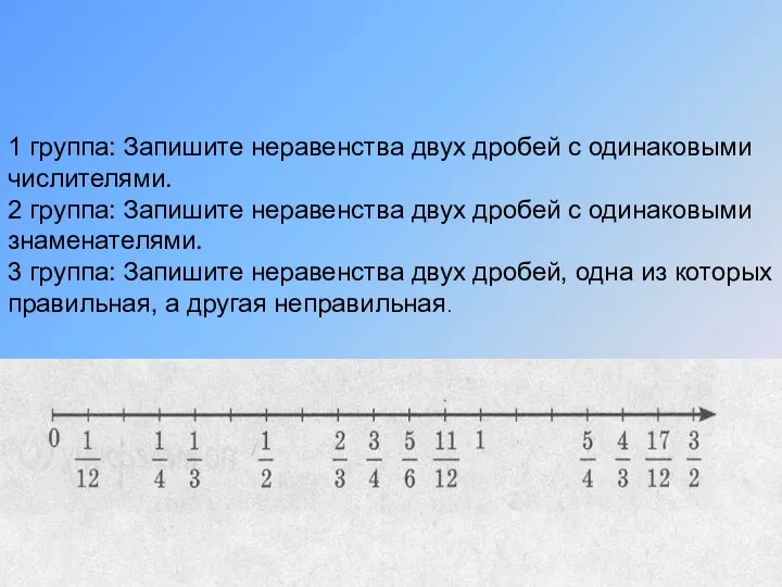 1 группа: Запишите неравенства двух дробей с одинаковыми числителями. 2 группа: