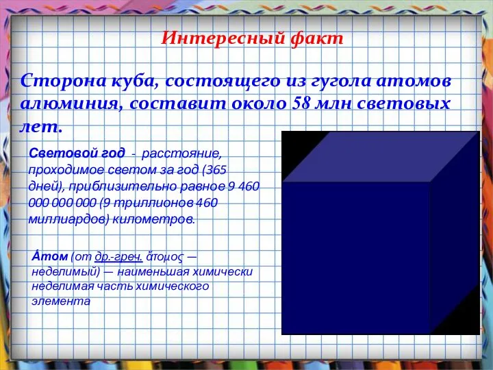 Интересный факт Сторона куба, состоящего из гугола атомов алюминия, составит около