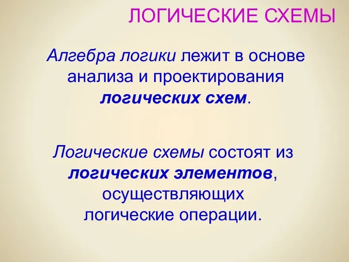 ЛОГИЧЕСКИЕ СХЕМЫ Алгебра логики лежит в основе анализа и проектирования логических