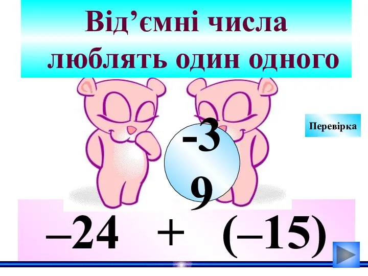 –24 + (–15) Від’ємні числа люблять один одного -39 Перевірка