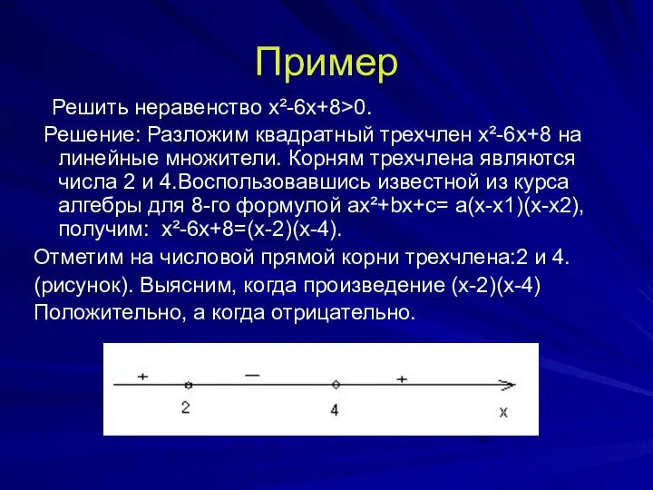 Пример Решить неравенство x²-6х+8>0. Решение: Разложим квадратный трехчлен x²-6х+8 на линейные